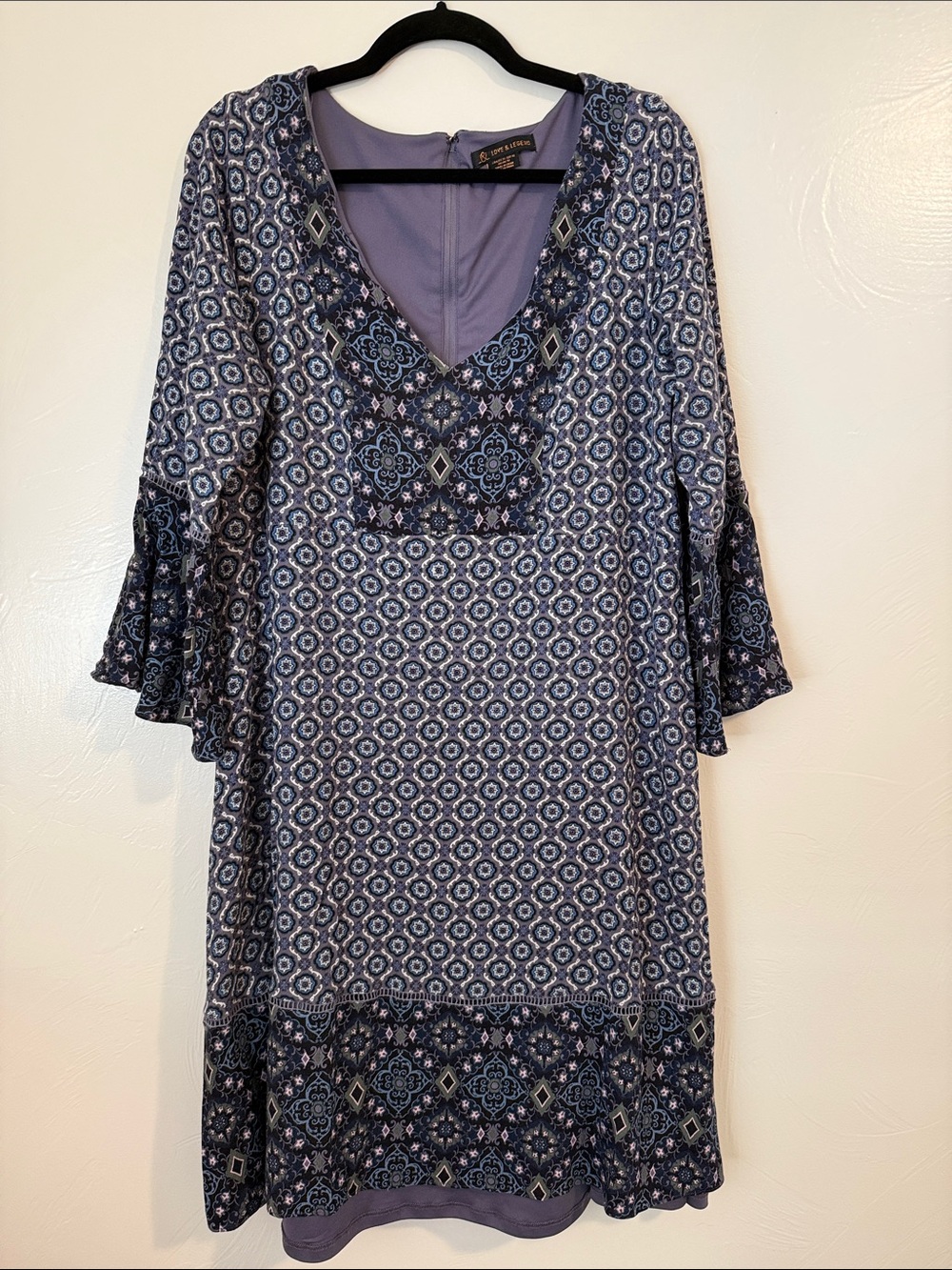 Love & Legend Midi Dress Boho Mandala Print & Bell Sleeves Size 14 Blue & Purple